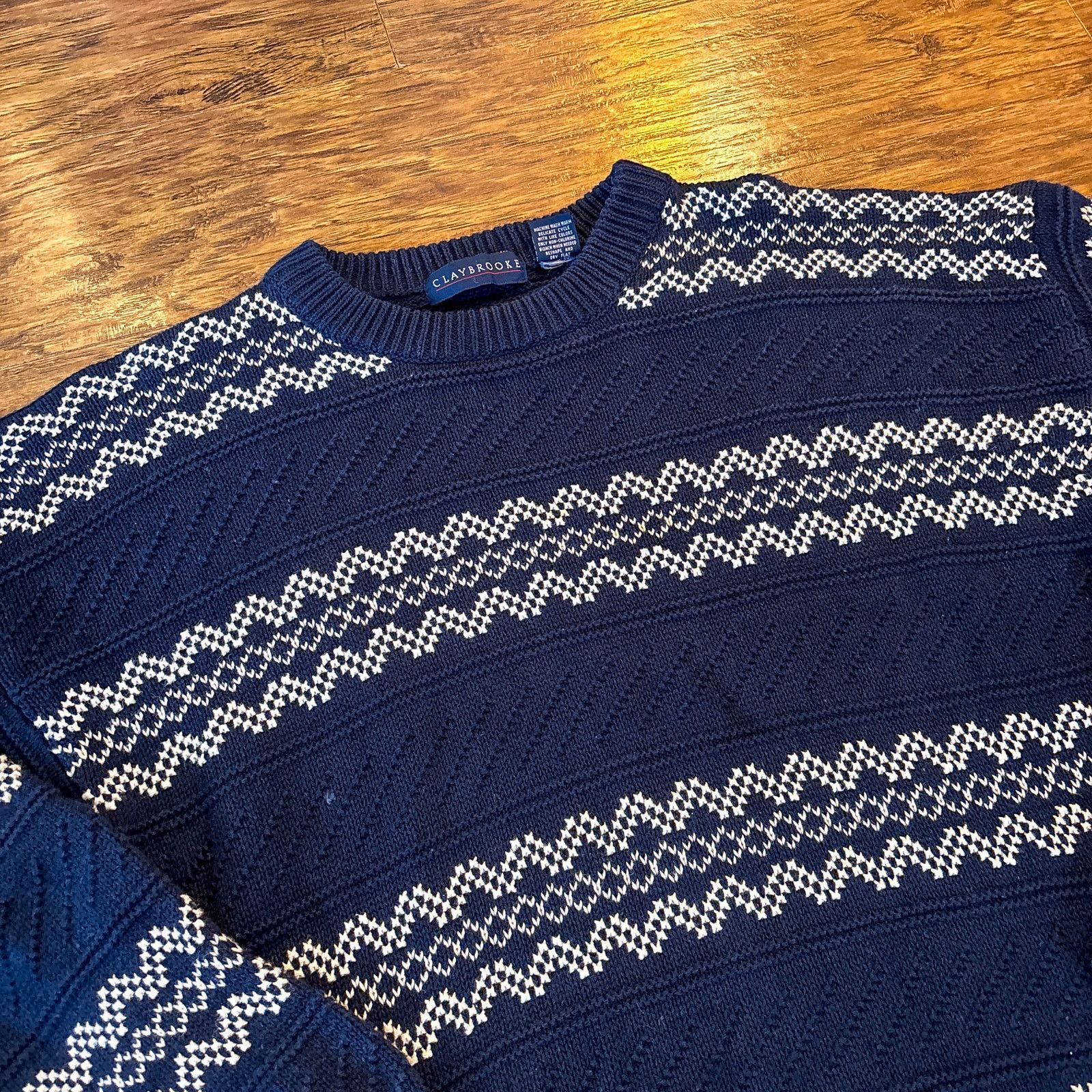 Other Vtg Claybrooke Blue White Chevron Stripe Winter 90s Sweater Size US XL / EU 56 / 4 - 2 Thumbnail