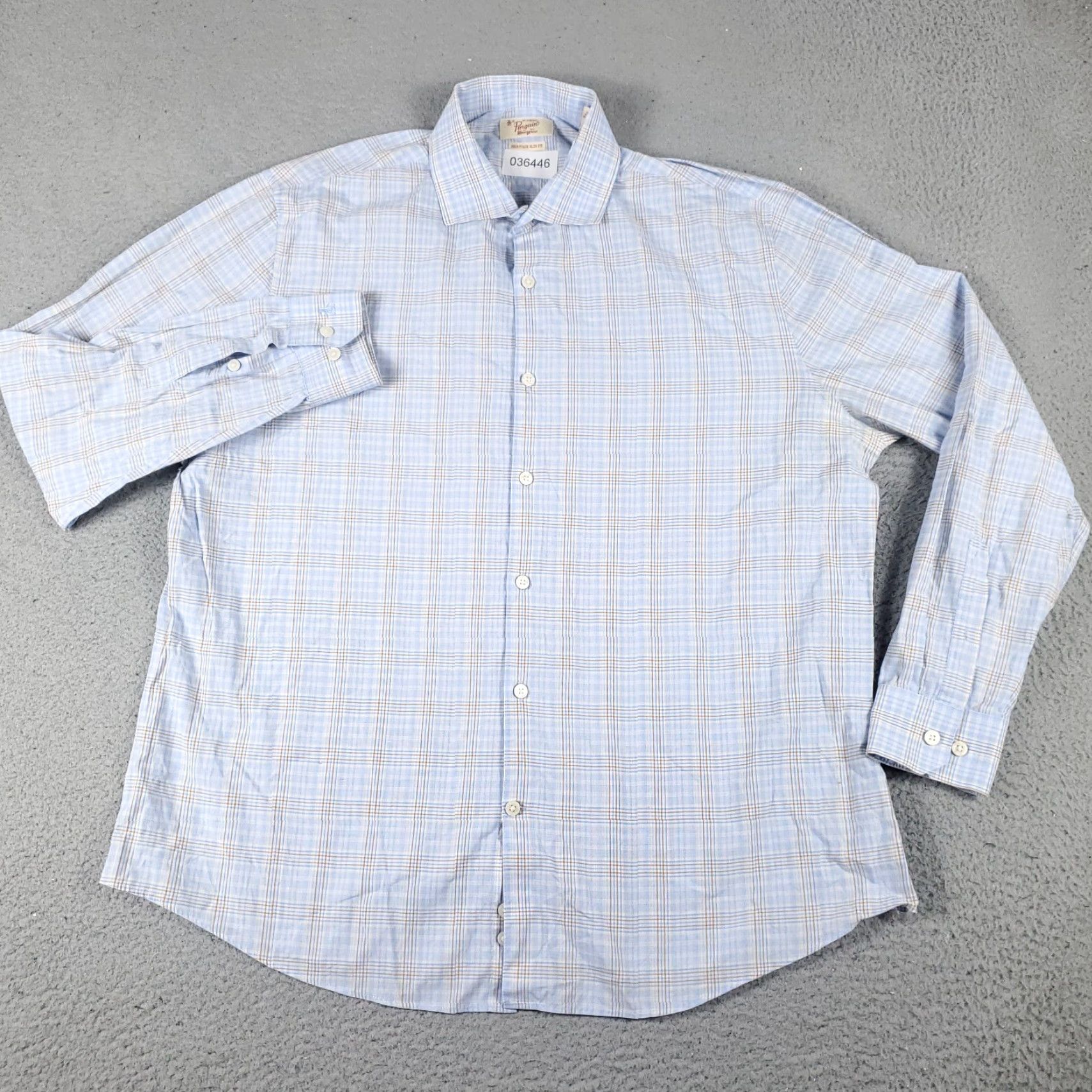 Vintage Penguin Dress Shirt Mens 17 Blue Plaid Long Sleeve Button Up Regular Fit Size 46R - 2 Thumbnail