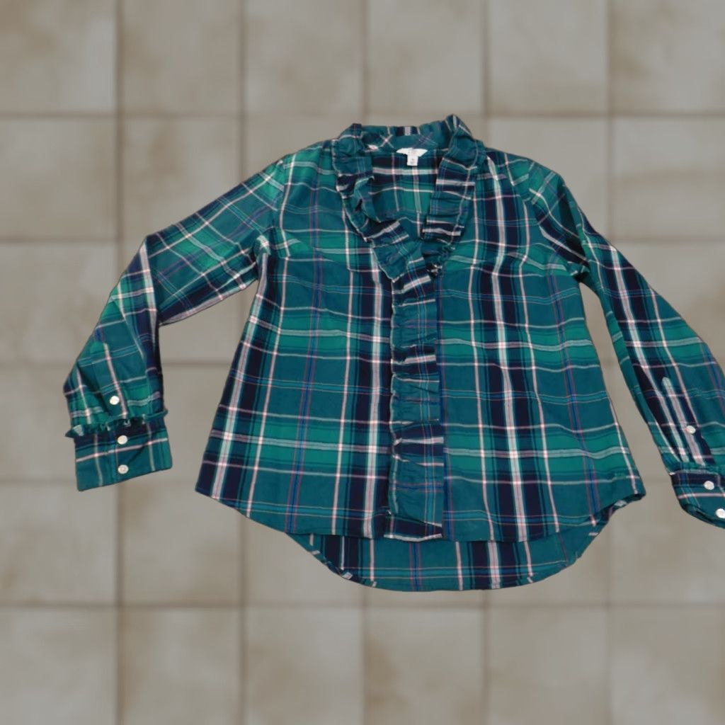 Vintage Crown & Ivy Button-Up Shirt Womens Medium Green Plaid Cotton Stretch V-Neck Long Sleeve Size M / US 6-8 / IT 42-44 - 1 Thumbnail