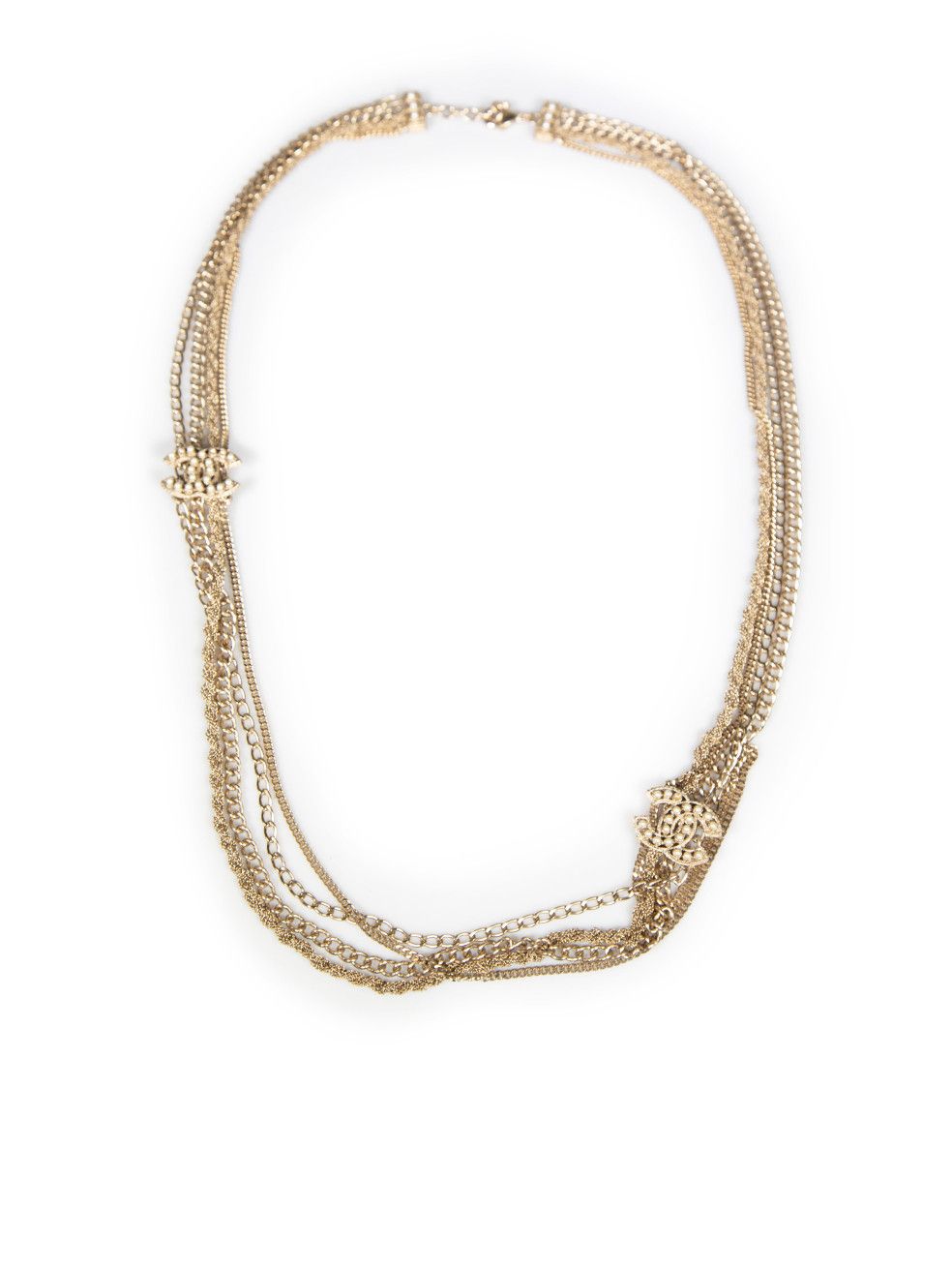 image of Chanel 14A Faux Pearl Embellished Multi Chain Necklace in Gold, Women's