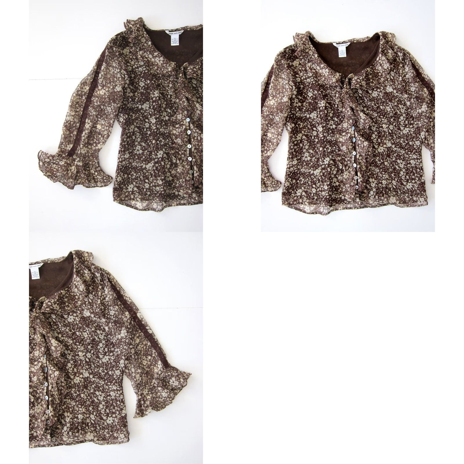 Vintage Richard Malcolm 100% Silk Ivory Brown Floral Ruffle Button Down Blouse Small Size S / US 4 / IT 40 - 8 Thumbnail