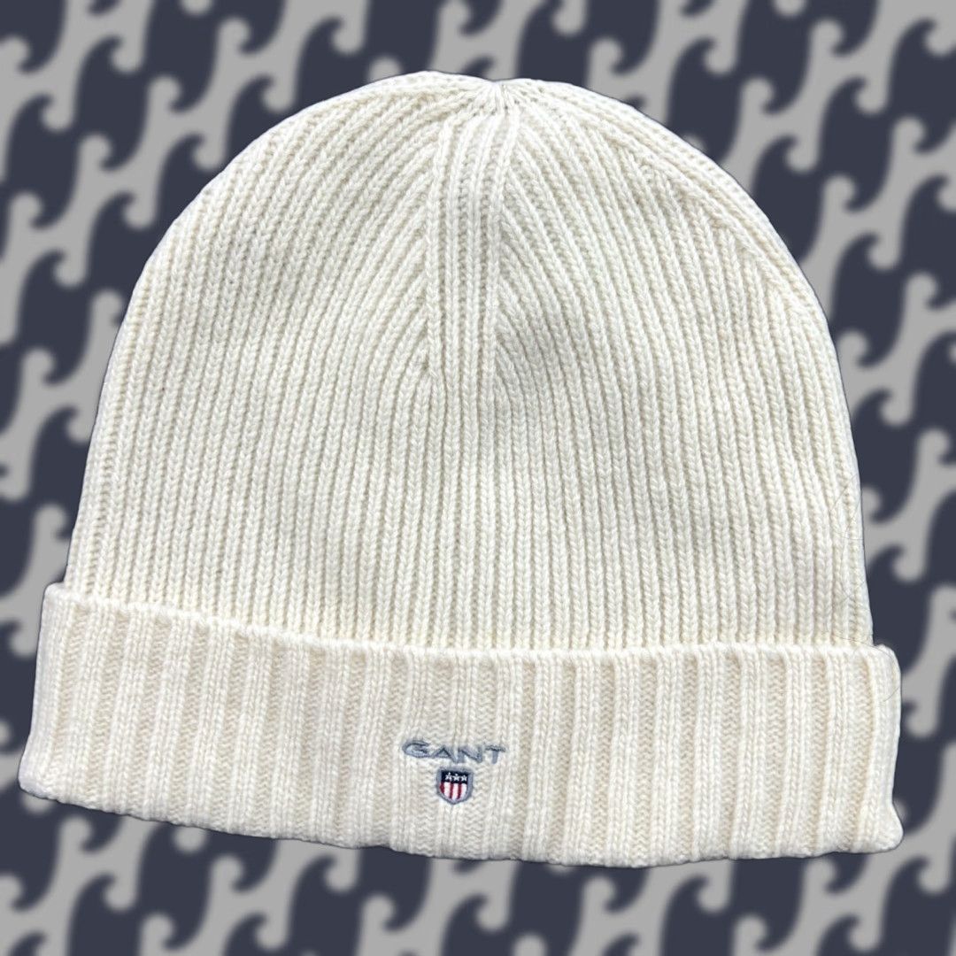 Gant GANT Lambswool Beanie Hat One Size White Lined Ribbon Cuffed Thermal Knitted Size ONE SIZE - 1 Thumbnail