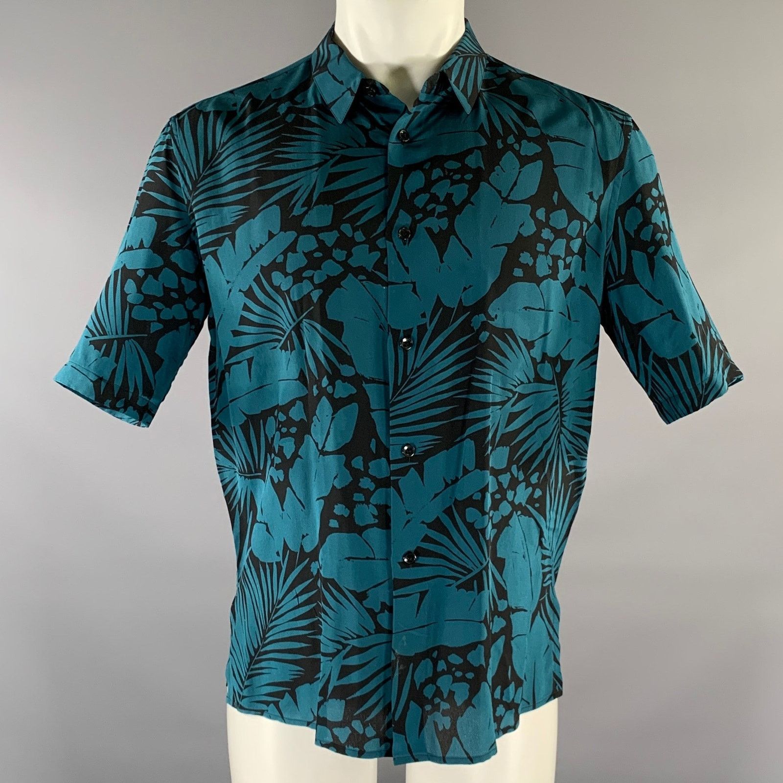 Saint Laurent Paris SAINT LAURENT S Turquoise Black Abstract Floral Silk Shirt Size US S / EU 44-46 / 1 - 1 Thumbnail