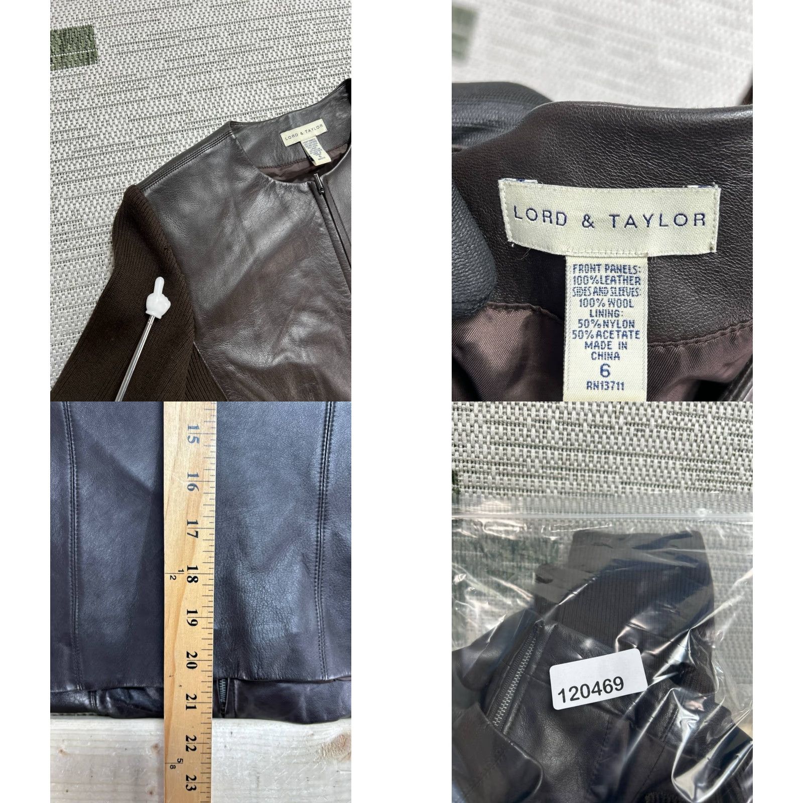 LORD & TAYLOR Leather Jacket Womens 6 Brown Wool Paneling Full Zip Round Neck Jacket