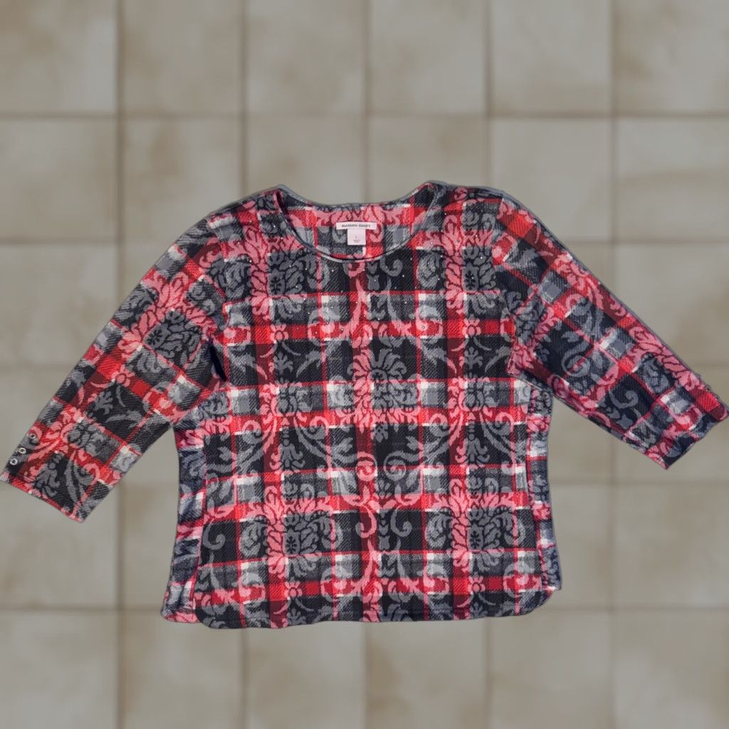 Vintage Allison Daley T-Shirt Knit Plaid Paisley Rhinestone Tunic Top L Red Casual Logo 3/4 Sleeve Cotton Polyester Modern Womens Regular Size L / US 10 / IT 46 - 1 Thumbnail