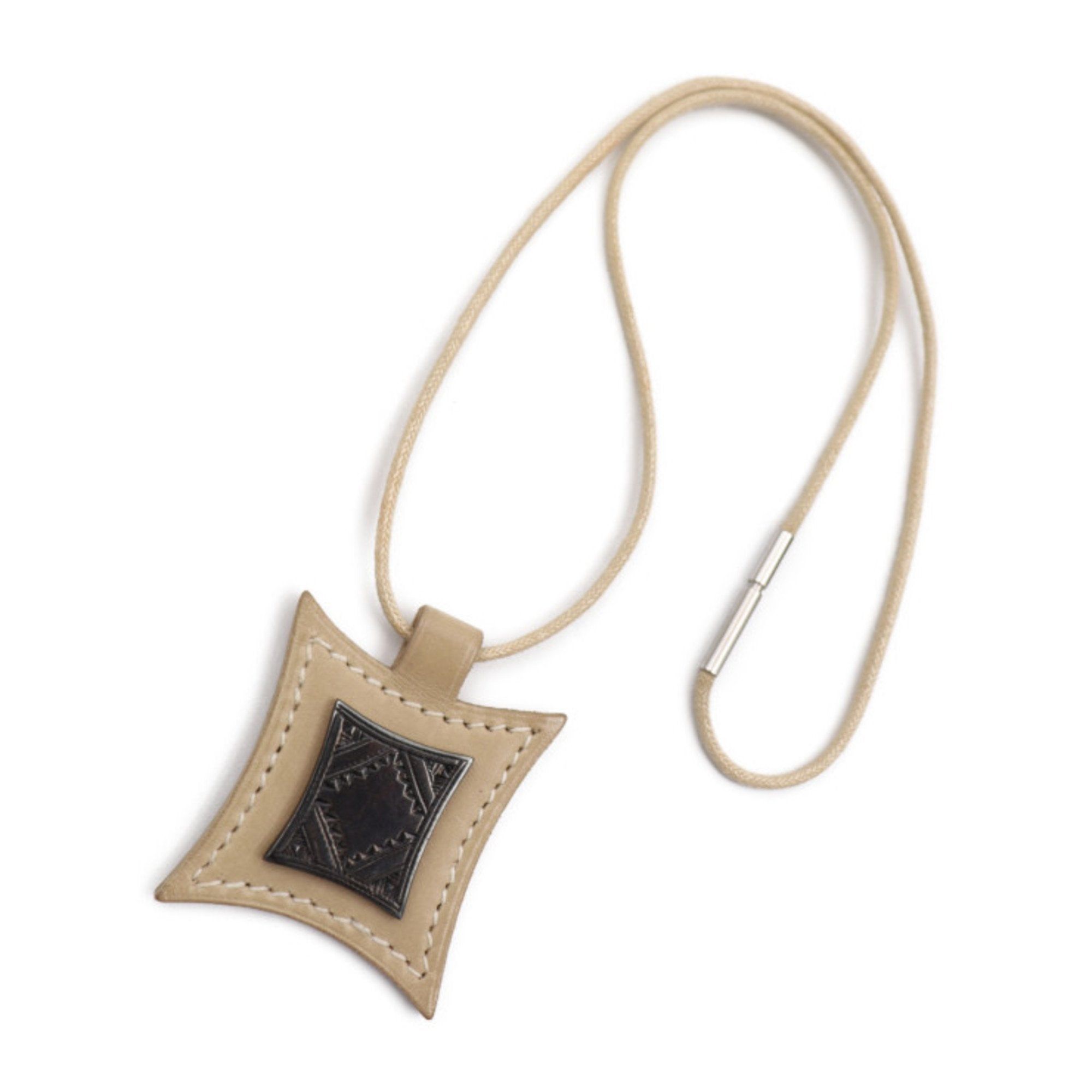 image of Hermes Touareg Necklace Leather Silver 925 Beige Pendant Choker E Engraved, Women's