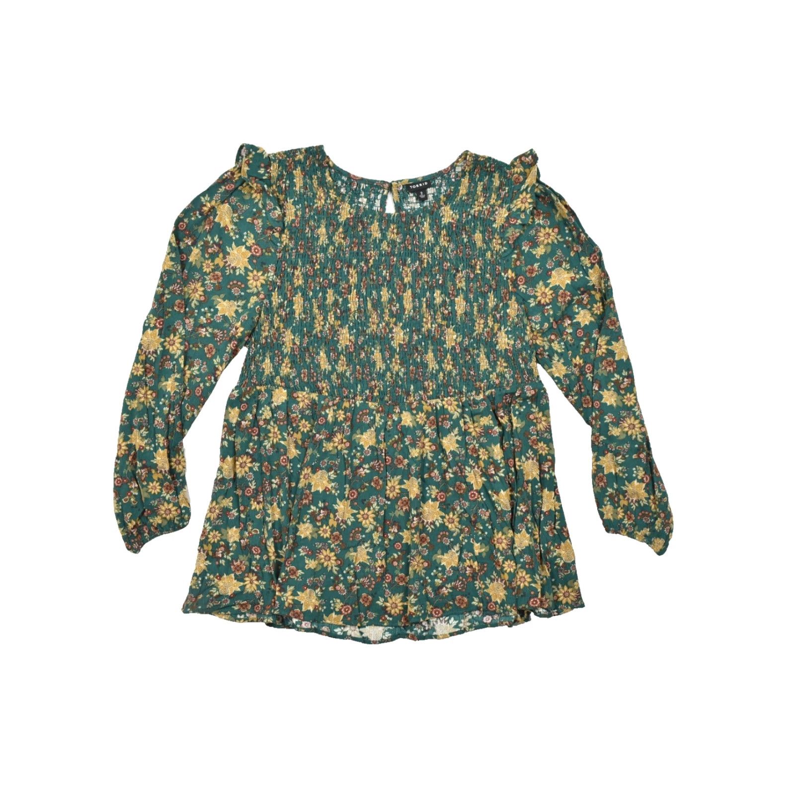 Torrid Torrid Blouse Shirt Green Floral Smocked Peplum Puff Sleeve Ruffle Long Sleeve 100% Cotton Plus Size 2 Womens Casual Top Size XS / US 0-2 / IT 36-38 - 2 Thumbnail