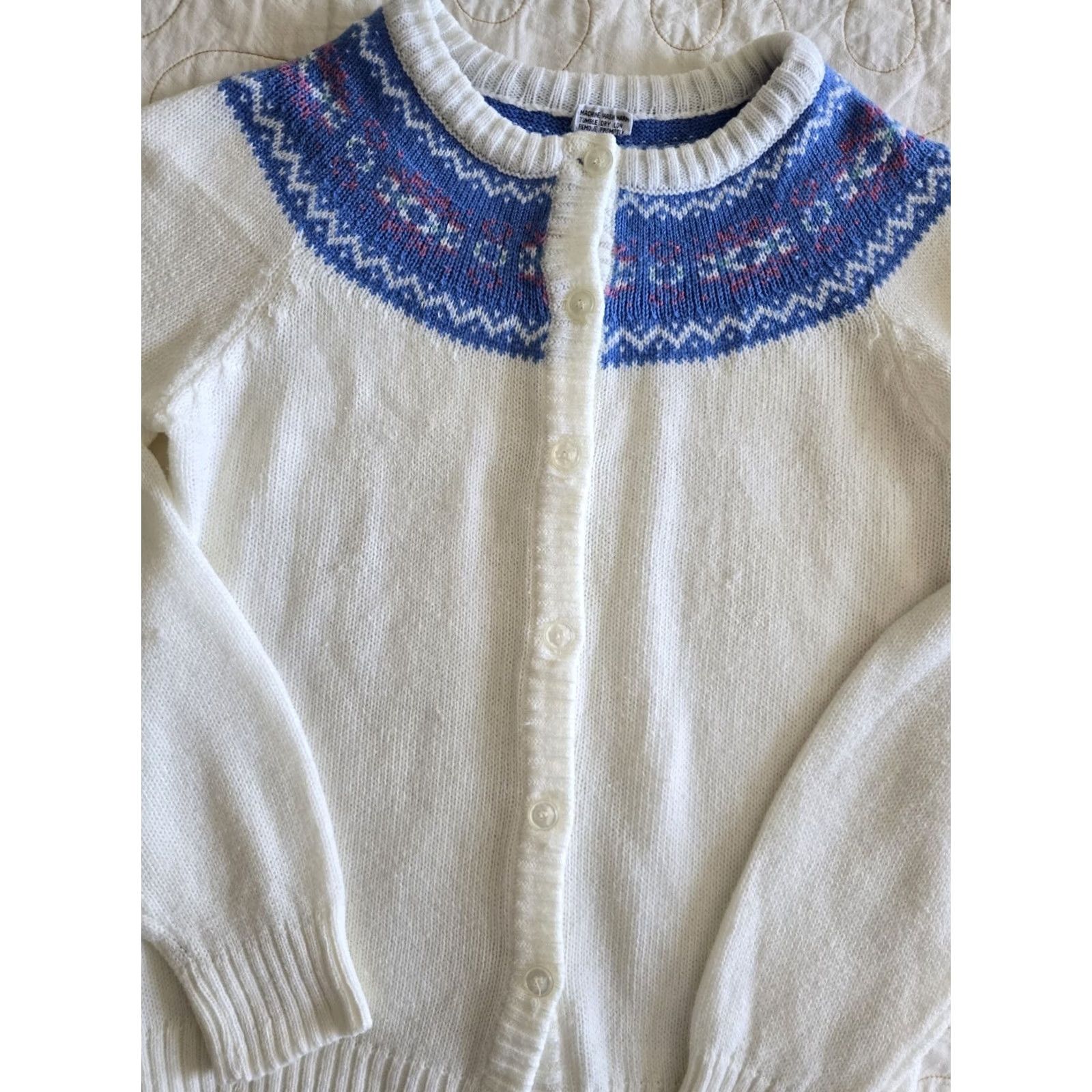 Vintage VINTAGE Faire Isle White & Blue Acrylic Sweater Womens M/L 70s 80s knit Size M / US 6-8 / IT 42-44 - 3 Thumbnail