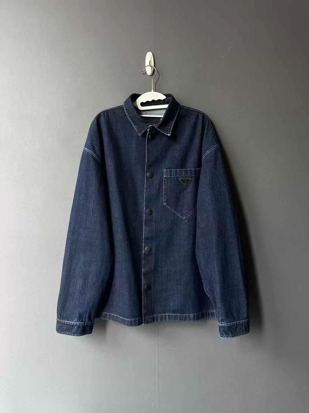 Prada Prada Dark Blue Triangle Logo Denim Shirt Jacket Size US XL / EU 56 / 4 - 1 Thumbnail