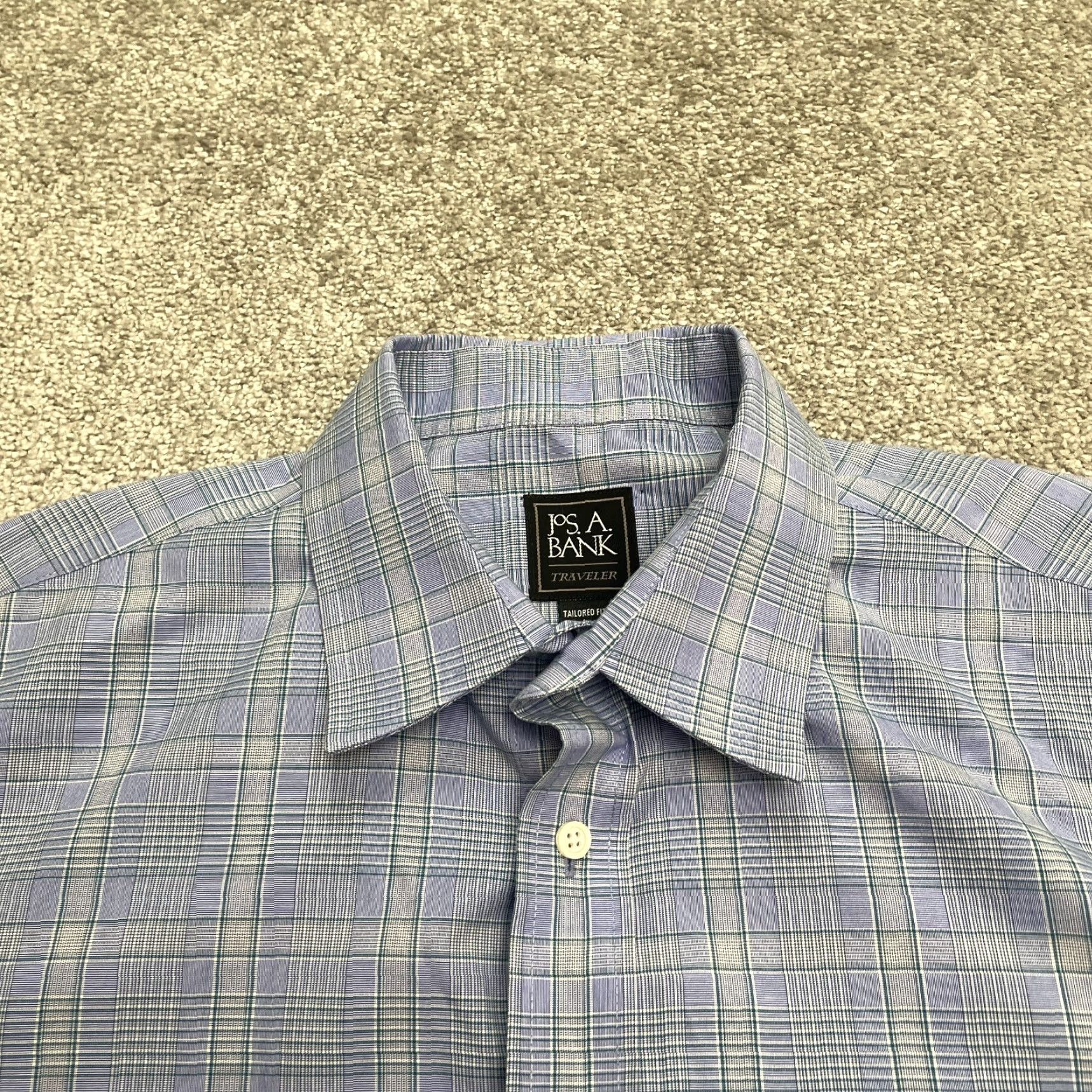 Jos. A. Bank Jos. A. Bank Traveller Tailored Fit Dress Shirt Men L Blue Plaid Cotton Work Shirt Size 42R - 3 Thumbnail