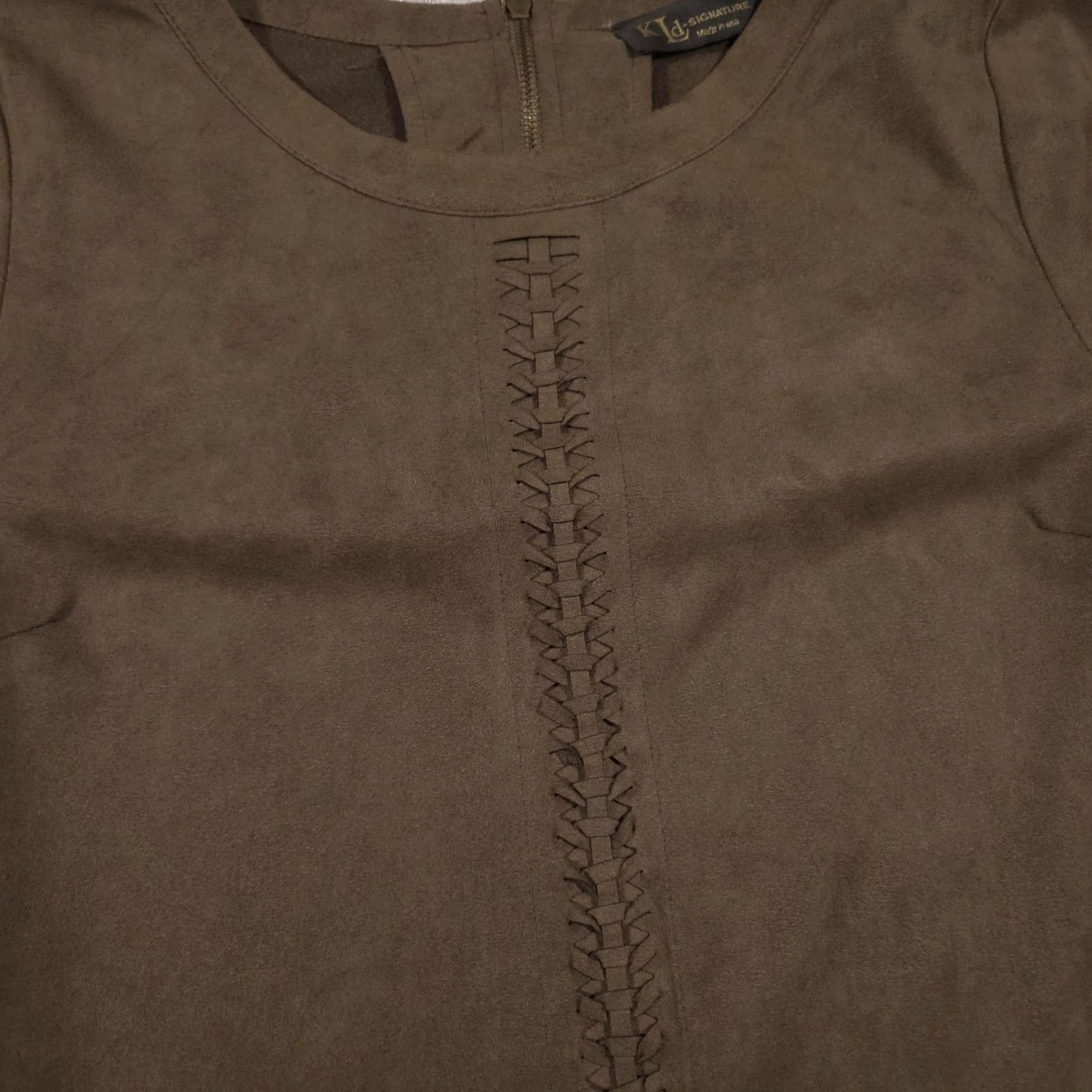 Vintage KLd Signature Dress Womens Large Brown Faux Suede Short Sleeve Shift Made USA Size 36" / US 14 / IT 50 - 4 Thumbnail