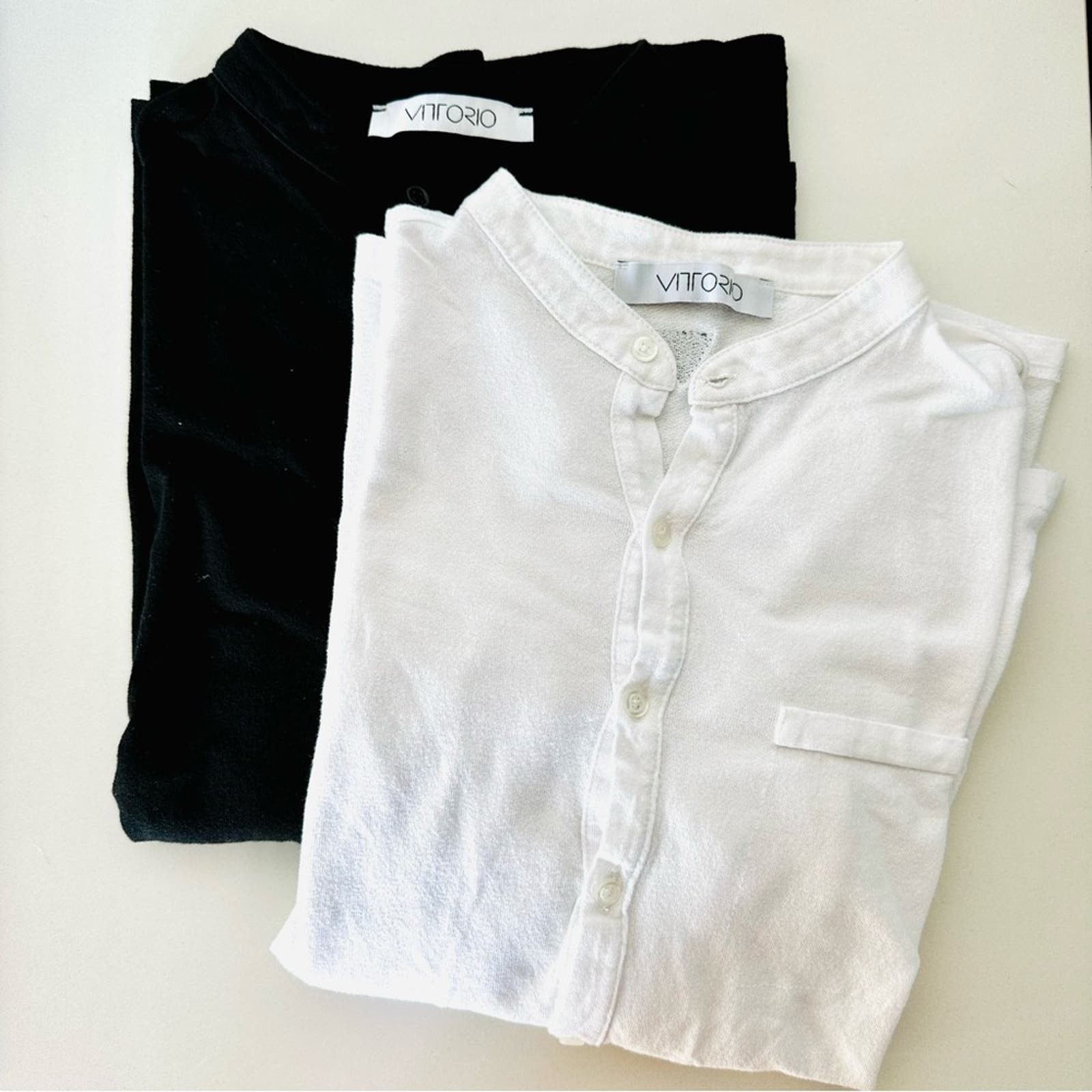 image of Nordstrom Mens Vittorio Black White Half Sleeve Button Henley Shirt (Size Medium)