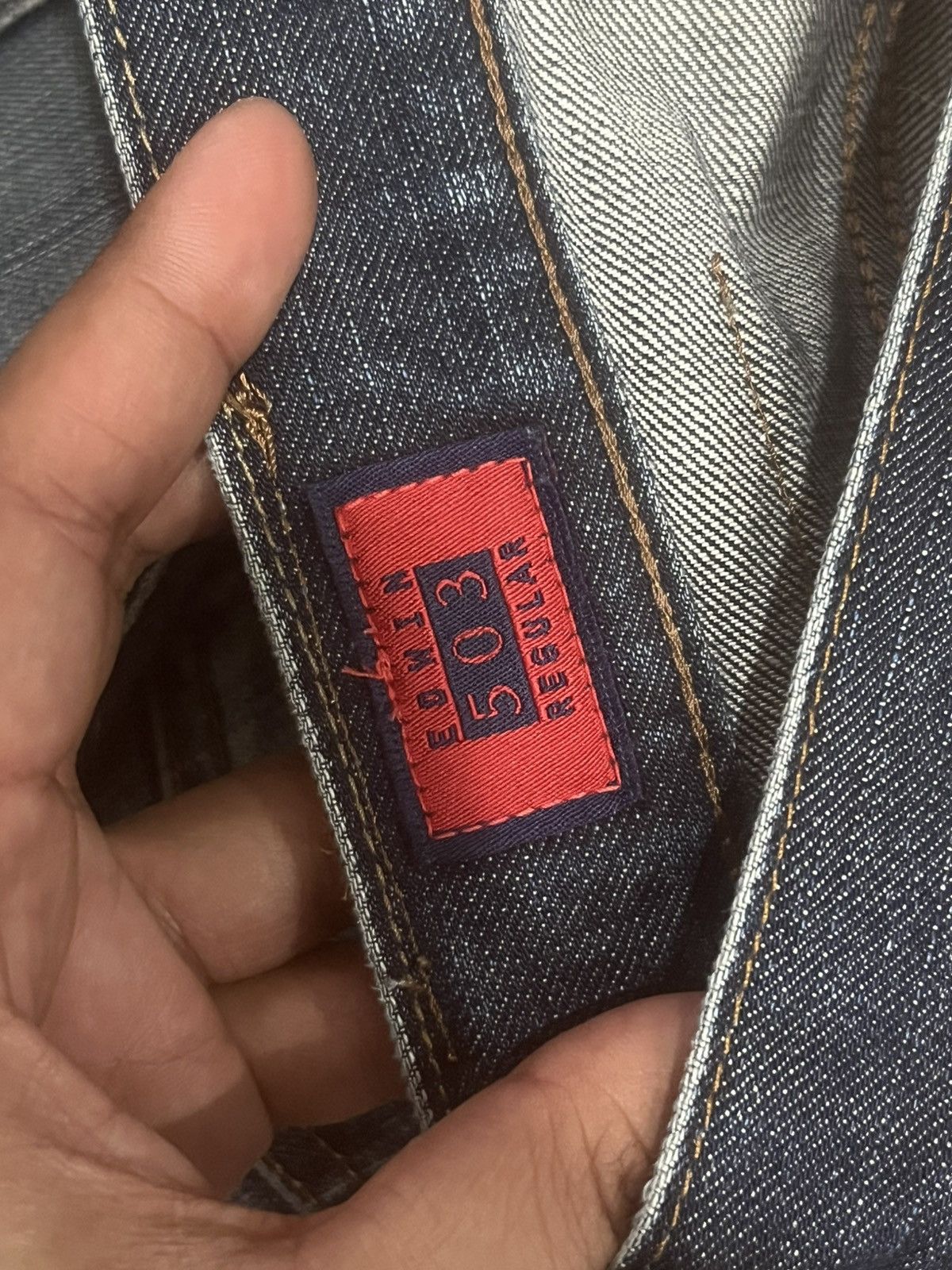 Edwin Edwin 503ZZ Dark Blue Faded Whisker Ripped Straight Leg Jean Size US 31 - 17 Thumbnail