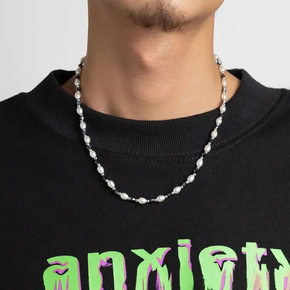Chain x Jewelry Pearl Grey Crystal Beads Beading Necklace in White/Black, Men's
