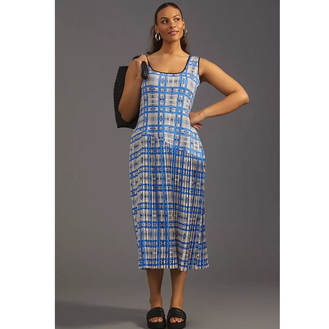 Image of New Anthropologie Dhruv Kapoor Plaid Mesh Midi Dress $210 2X in Blue/Cream, Women's (Size 2XL)