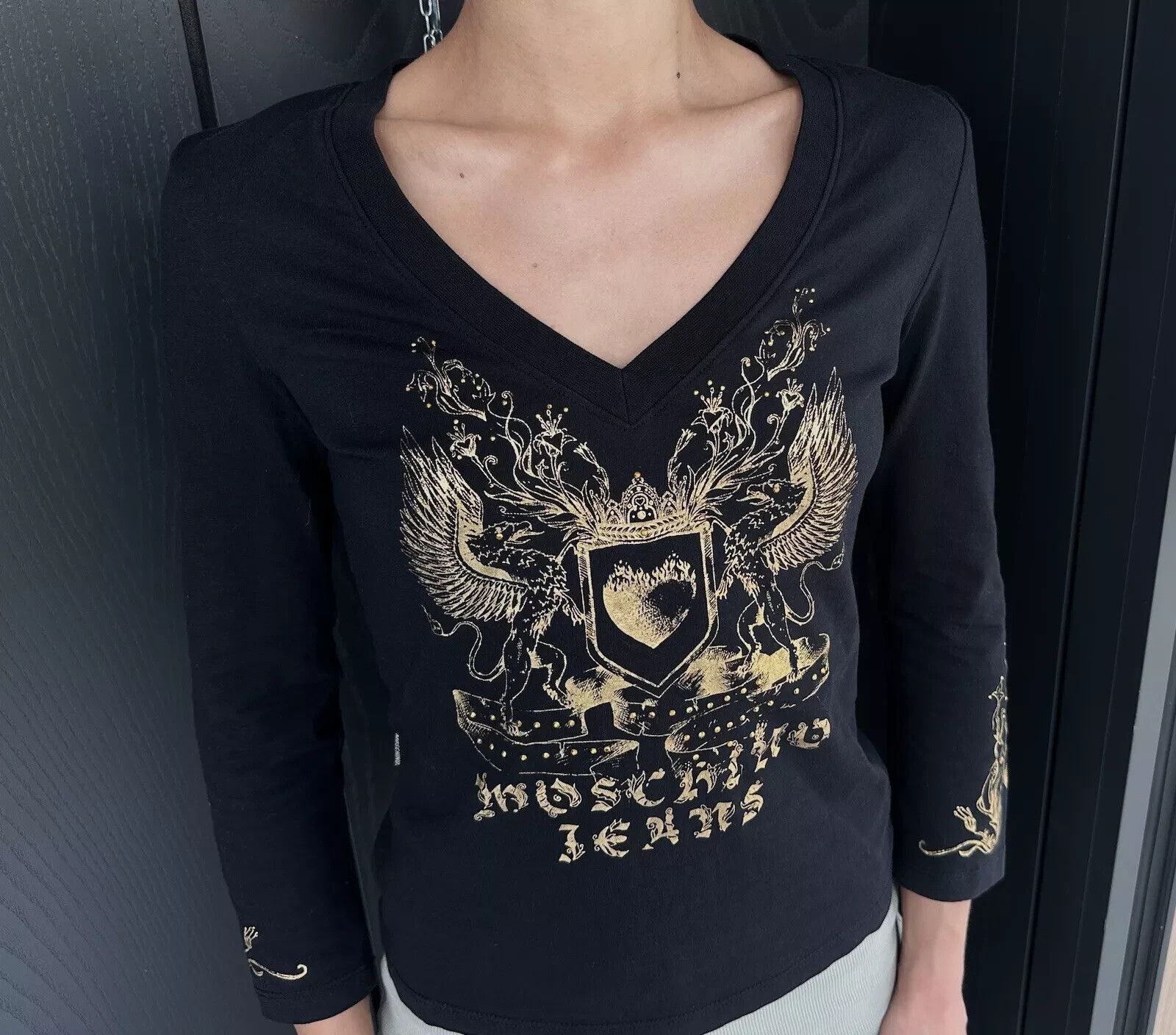 Moschino Moschino Jeans Donna Top Y2K Gold Logo Printed Cotton Womens Size M / US 6-8 / IT 42-44 - 3 Thumbnail