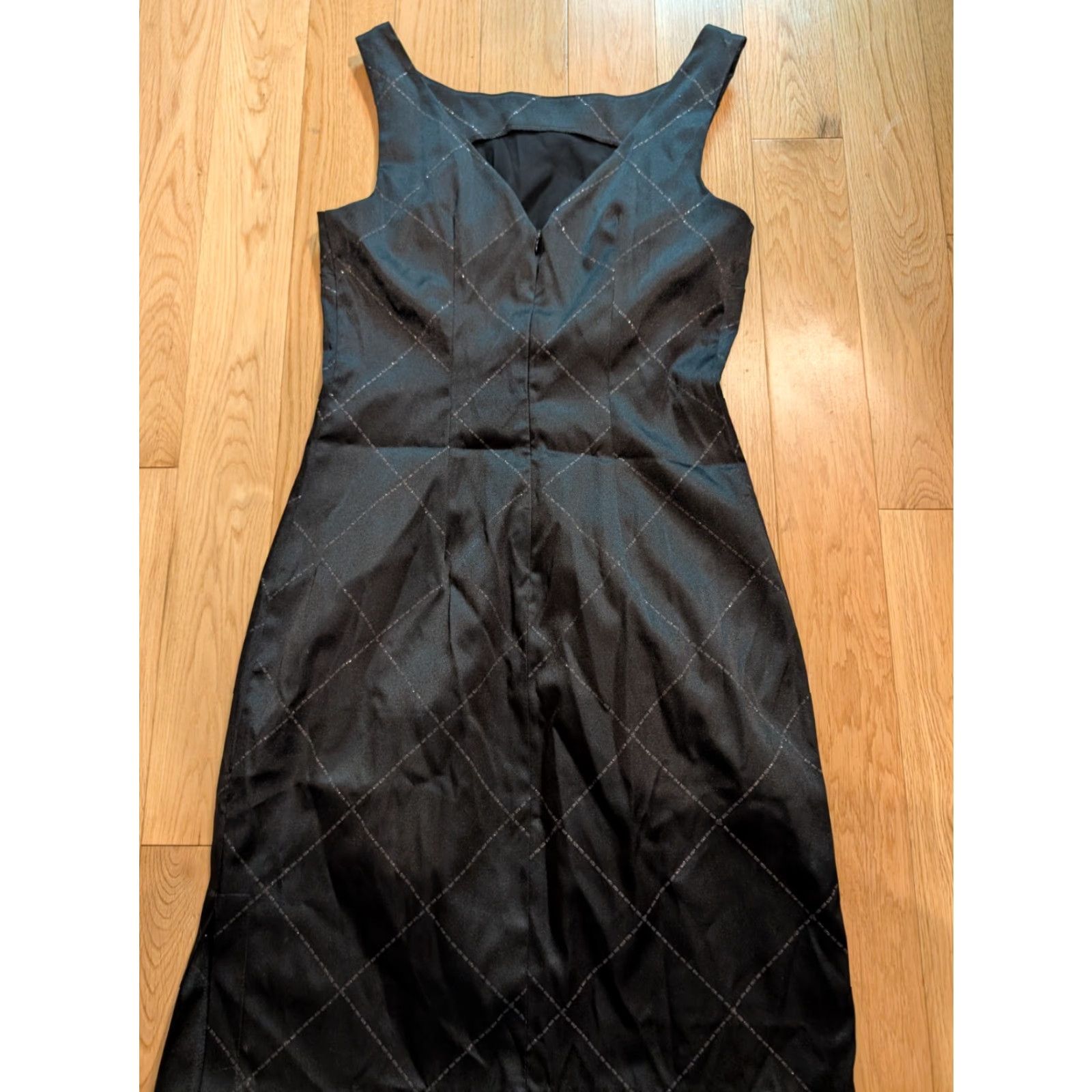 Vintage VINTAGE Rampage Black Satin Dress Duchess Cut Side Slit Argyle Sparkle, Knee Length, A-Line/Shift/Sundress, Cap Sleeve, Boat Neck, Pullover, XS-XL? Size M / US 6-8 / IT 42-44 - 6 Thumbnail