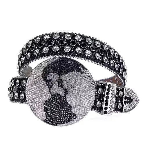 Japanese Brand × Vintage y2k black white studded rhinestone leather belt Size 34 - 4 Thumbnail
