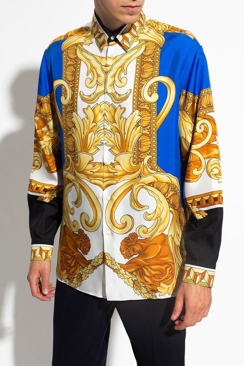 Versace $1350 VERSACE Gold and Blue Floral Baroque Medusa Silk Shirt Size 52L - 4 Thumbnail