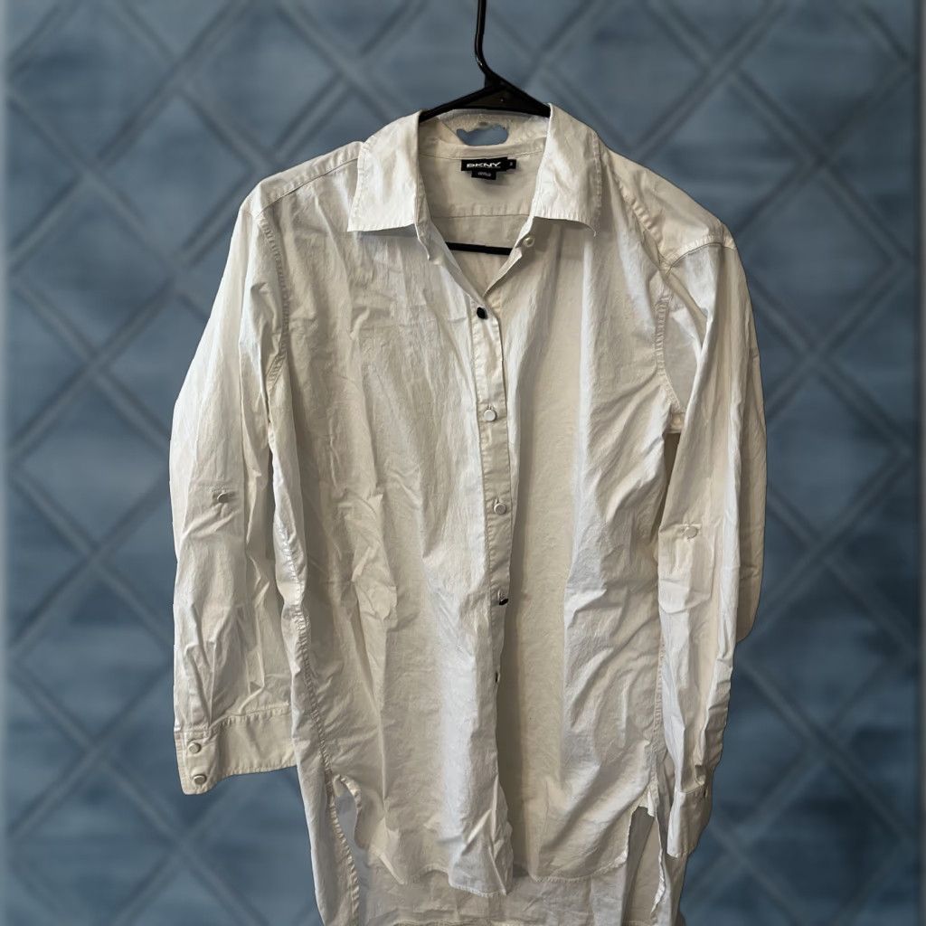 DKNY DKNYC White Tunic Shirt Long Sleeves Button Up Roll Tab Sleeve V-Neck Casual Womens Size S Size S / US 4 / IT 40 - 1 Thumbnail