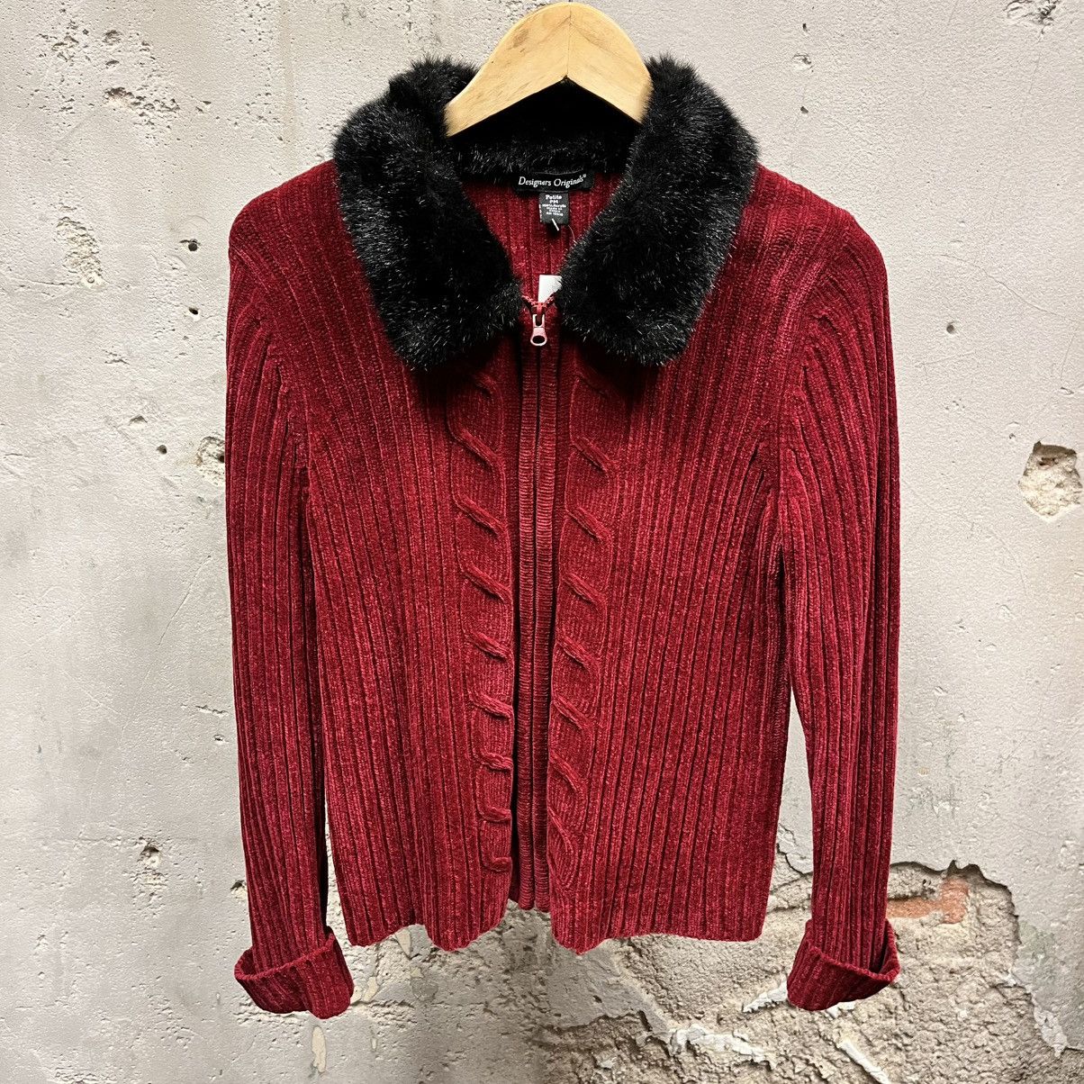 Vintage Vintage Y2K Red Black Faux Fur Trim Full Zip Chenille Jacket Size M / US 6-8 / IT 42-44 - 1 Thumbnail