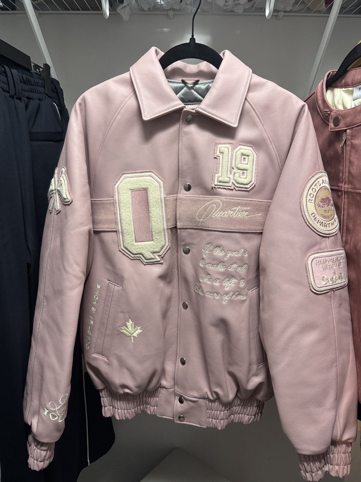 Quartier is home x roots hometeam leather varsity jacket