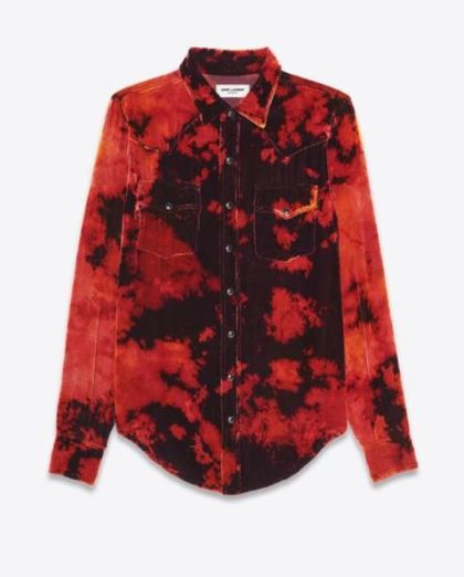 image of Saint Laurent Paris Oc11Z0124 Classic Western Shirt In Devoré Velvet in Red/Black (Size Small)
