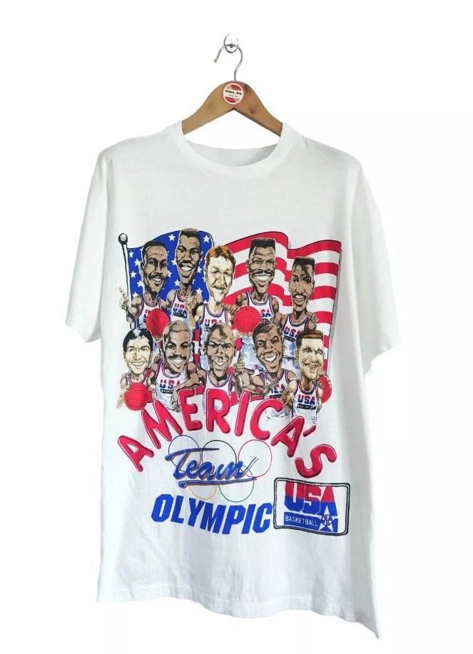 image of USA Olympics x Vintage Olympic Usa Caricature 90's Full-Print T-Shirt in White, Men's (Size XL)