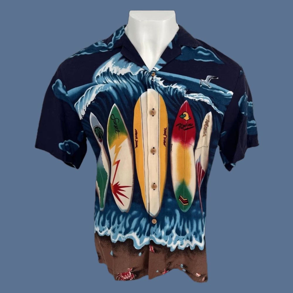 Paradise Found Paradise Found Shirt Mens XL Blue Surfboard Hawaiian Aloha Rayon Button Up Shirt (Vintage) Size US XL / EU 56 / 4 - 1 Thumbnail