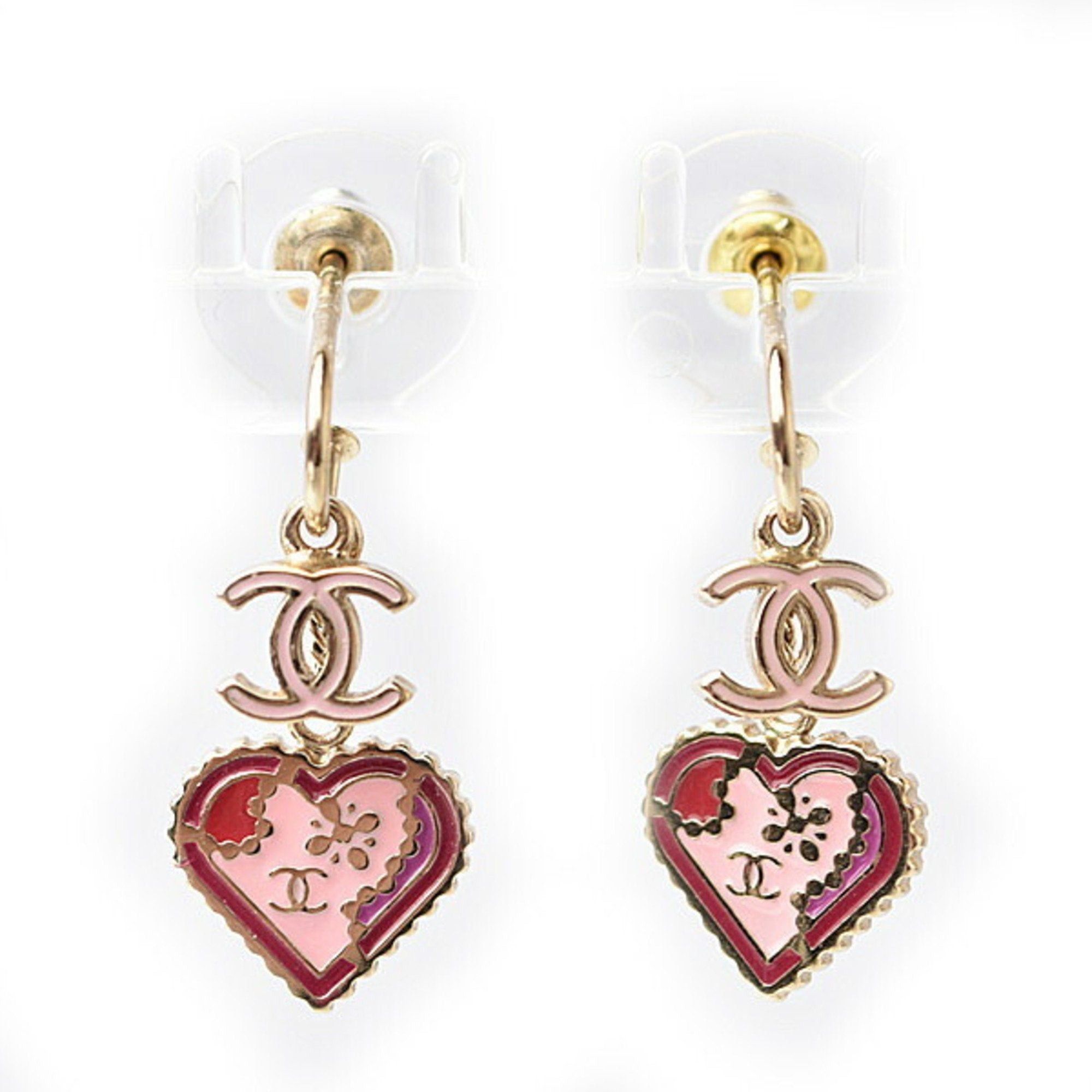 image of Chanel Earrings Swing Cc Mark Heart Motif Pink Gold, Women's