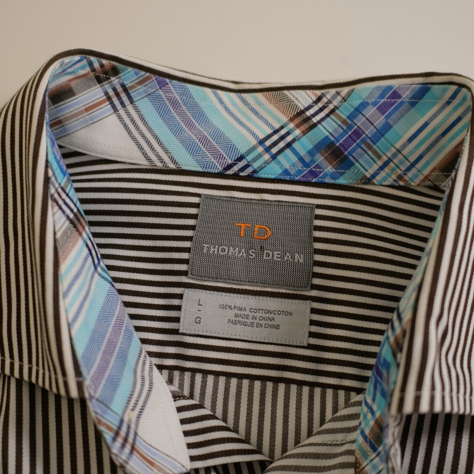 Designer Thomas Dean Brown Striped Pima Cotton Flip Cuff Large Collar Size US L / EU 52-54 / 3 - 9 Thumbnail