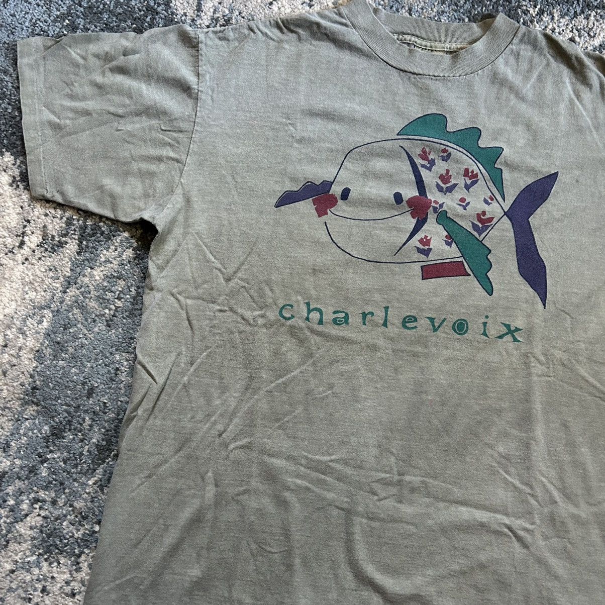 Vintage CHARLEVOiX MiCHiGAN FiSH SiNGLE STiTCH ONEiTA POWER TEE SAGE Size US XL / EU 56 / 4 - 10 Thumbnail