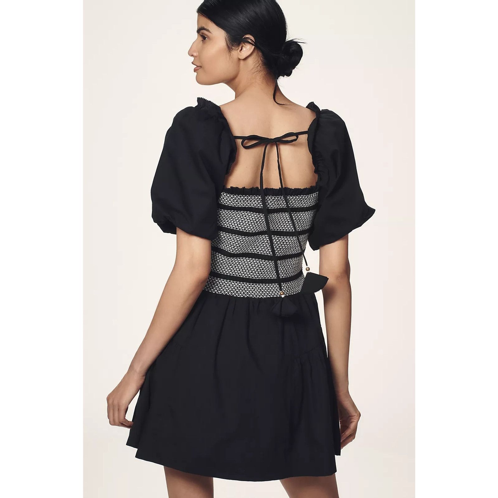 Anthropologie NWT Puff-Sleeve Square-Neck Smocked Mini Dress $158 Black Size S / US 4 / IT 40 - 6 Thumbnail