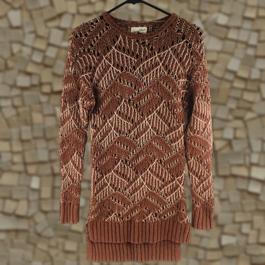 Vintage VINTAGE Universal Thread Sweater XS Rust Red-Brown Cream Open Knit Long Tunic Womens Pullover Knit Open-Knit Geometric 90s Theme Size XS / US 0-2 / IT 36-38 - 1 Thumbnail