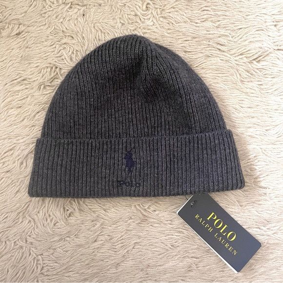 NWT POLO RALPH LAUREN MERINO LAMBSWOOL CHARCOAL BEANIE shops HAT