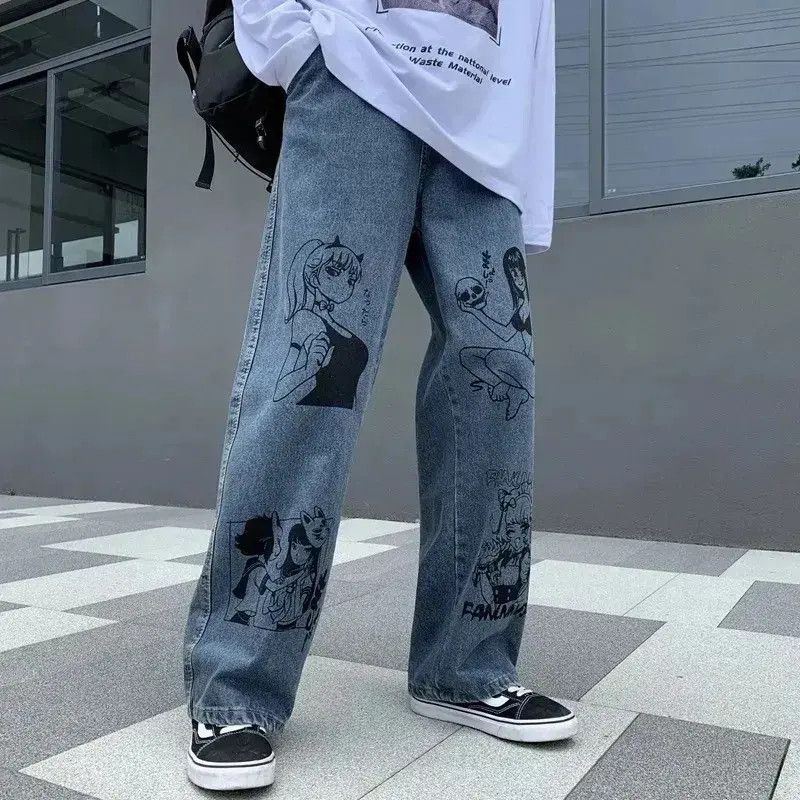 Japanese Brand Unisex jeans graffiti print Korean American hip-hop style Size US 32 / EU 48 - 2 Thumbnail