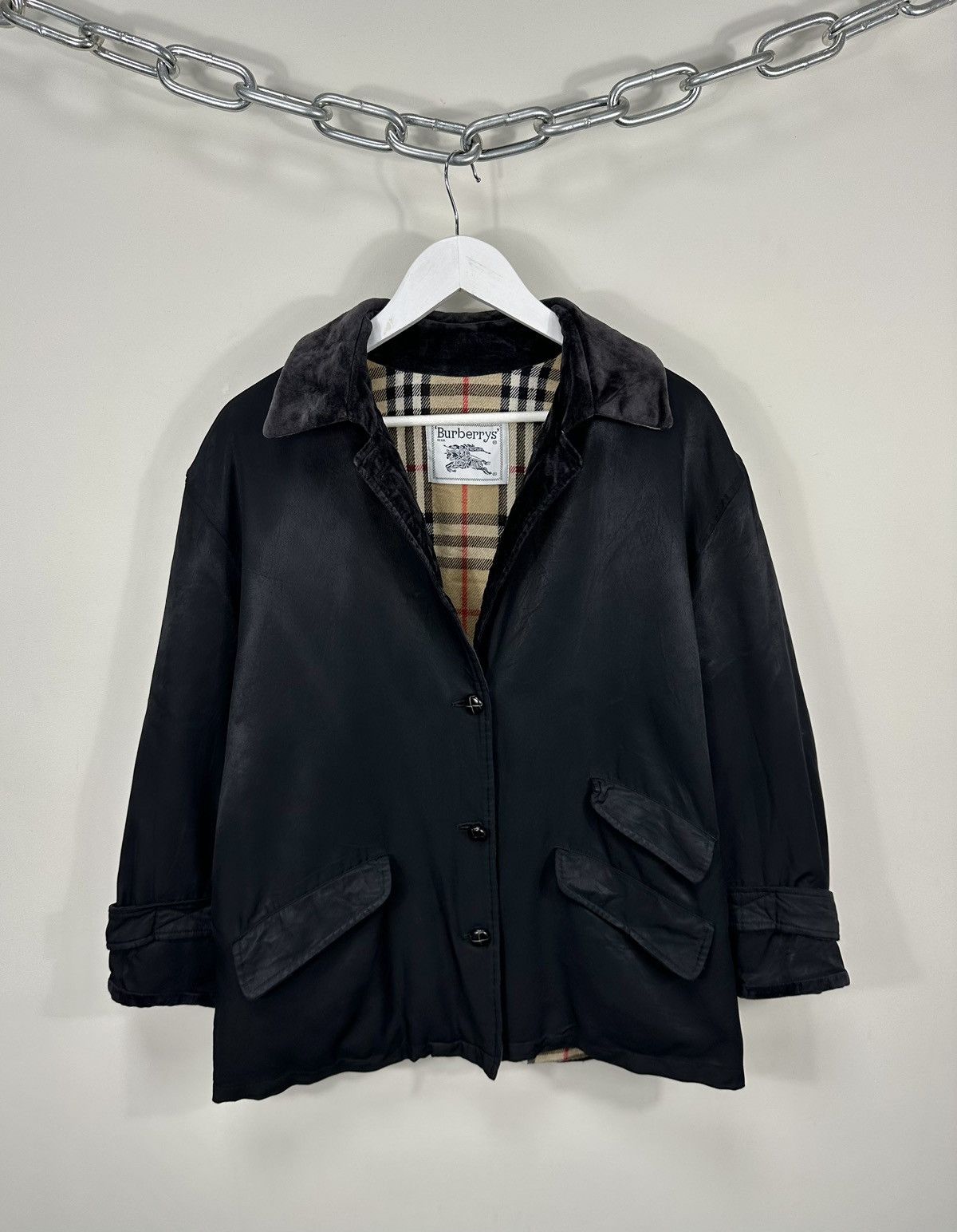 image of Vintage Burberry Nova Check Luxury Velvet Jacket Trench Coat in Black, Men's (Size Large)