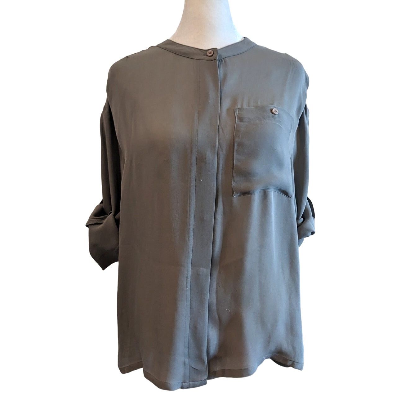 NSF NSF Gray Silk Mandarin Collar Button Up Roll Tab Sleeves Top Size S / US 4 / IT 40 - 2 Thumbnail