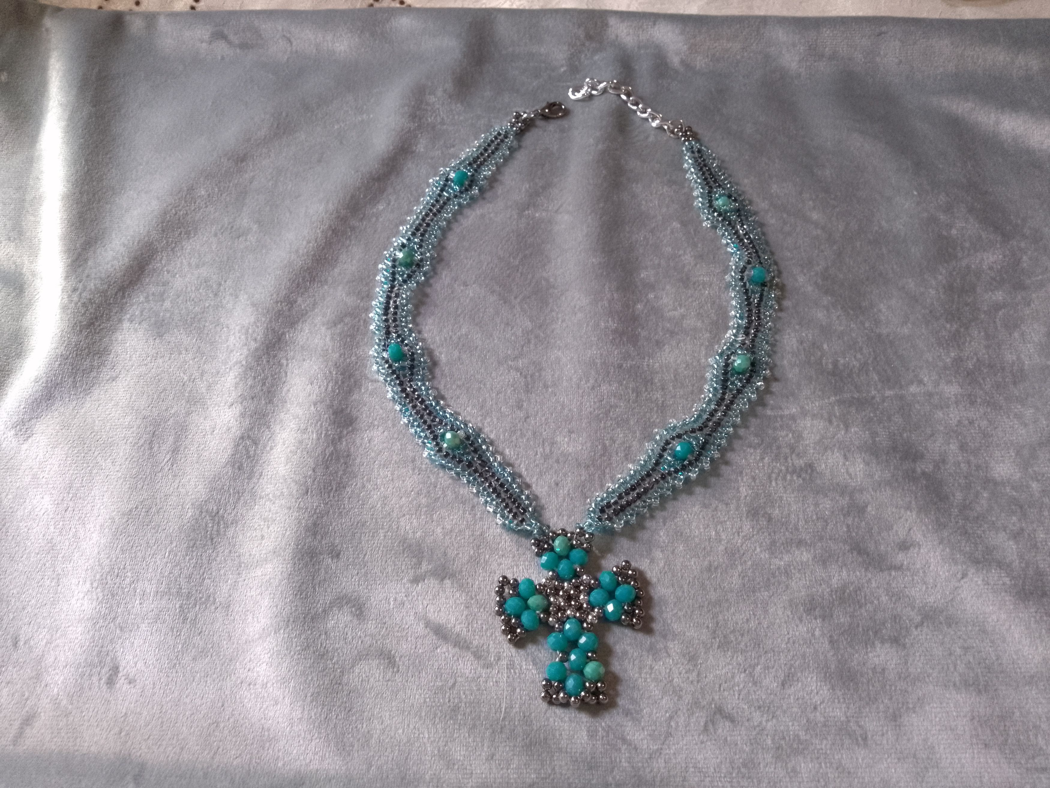 Handmade Necklace Pendant Cross Beaded Crystals Black Turquoise Size ONE SIZE - 3 Thumbnail