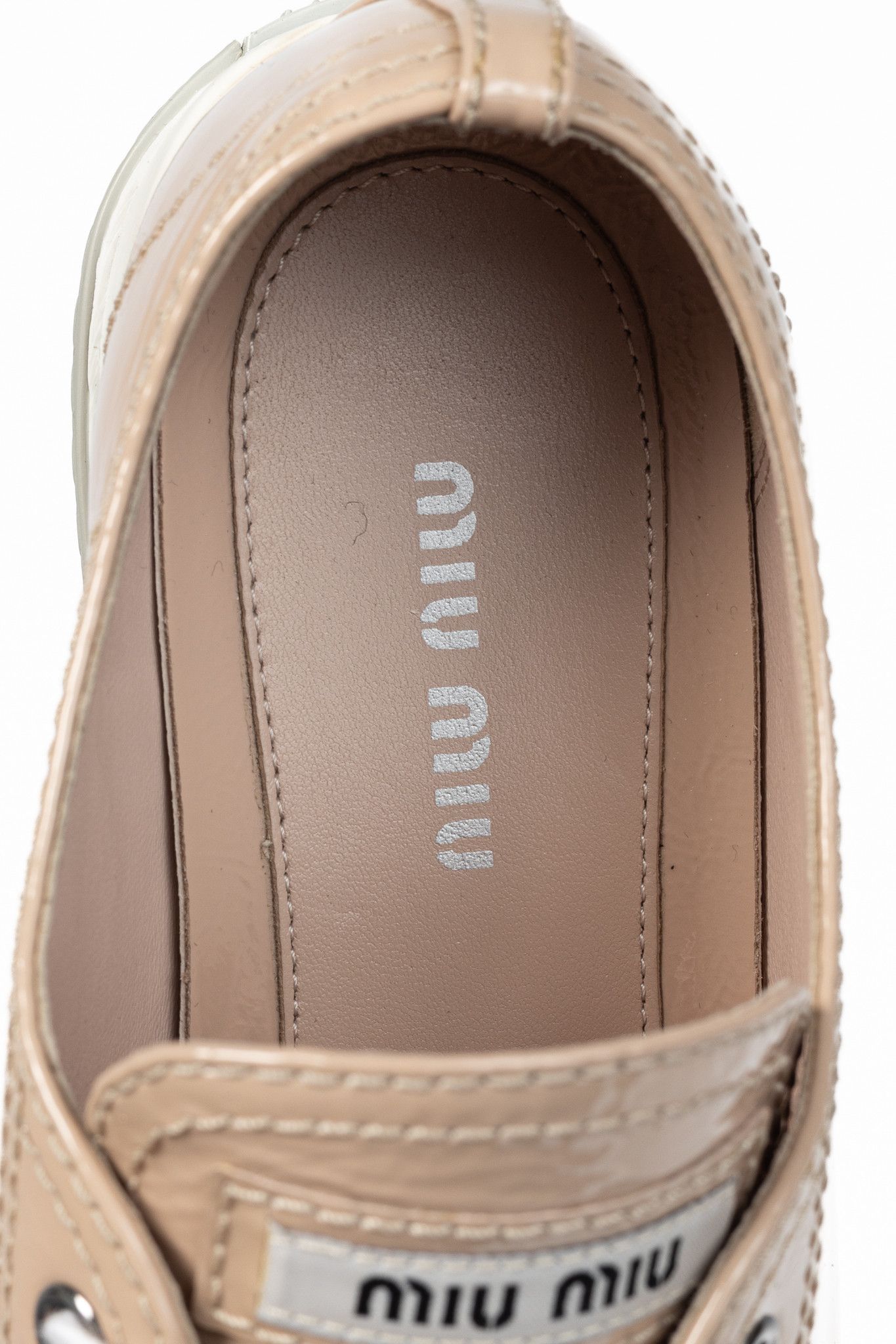 Miu Miu Miu Miu Nude Patent-Leather Cap-Toe Lace-Up Sneakers Size US 4.5 / IT 34.5 - 11 Thumbnail