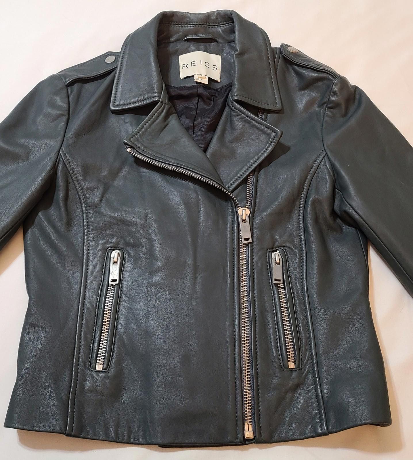Reiss Reiss Geo Leather Biker MOTO Jacket Black Size US Small Size S / US 4 / IT 40 - 5 Thumbnail
