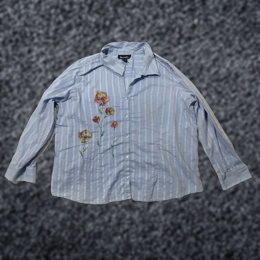 Denim & Co. Denim & Co Womens Button Up Shirt 2XL Blue Striped Long Sleeve Cotton Chambray Casual Travel Beach Preppy Classic Breathable Stretch Shirt Womens Size XXL / US 16-18 / IT 52-54 - 1 Thumbnail
