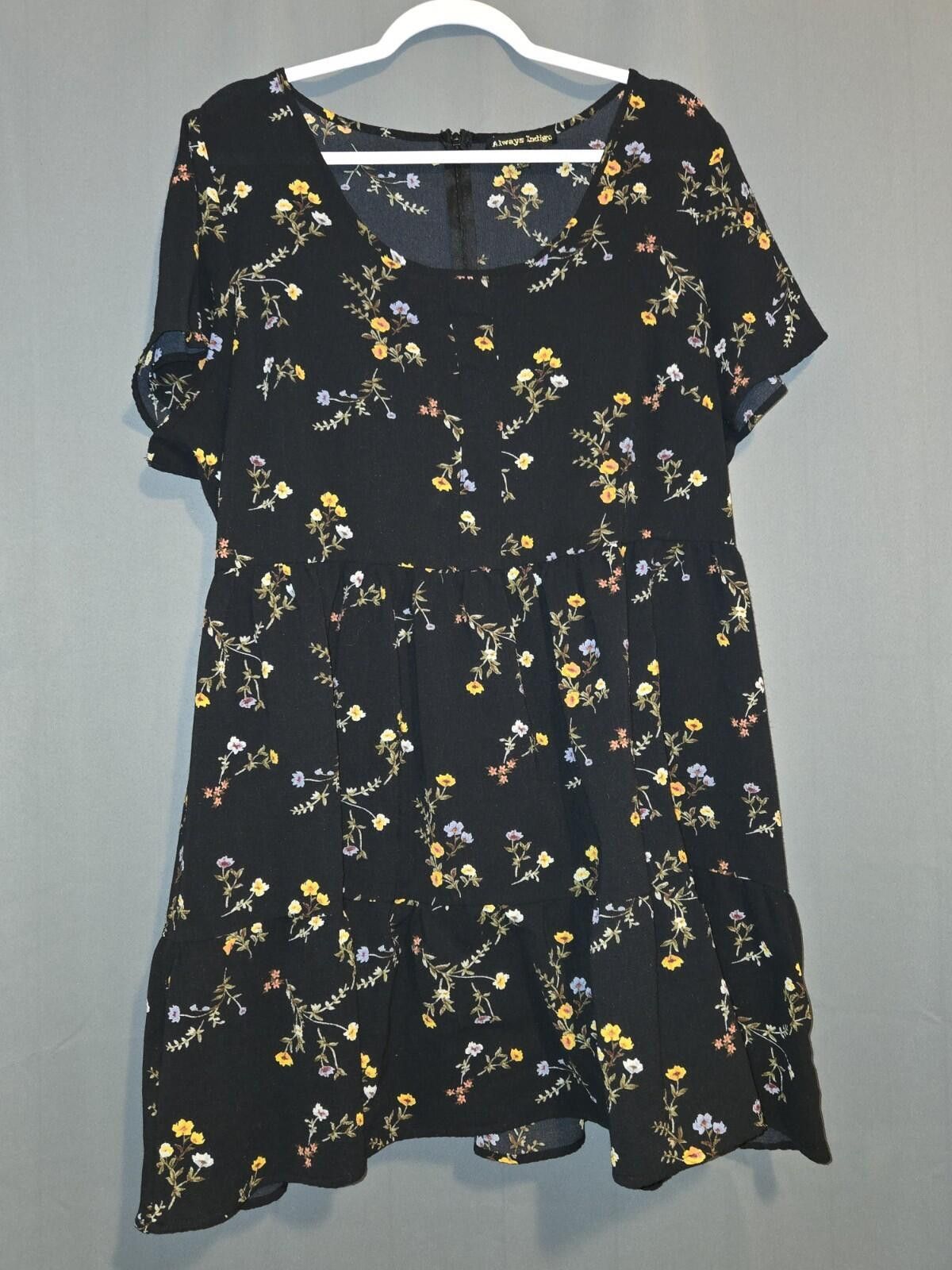 Flower Mountain Always Indigo Floral Print Tiered Dress Black 2X Size XXL / US 16-18 / IT 52-54 - 1 Thumbnail