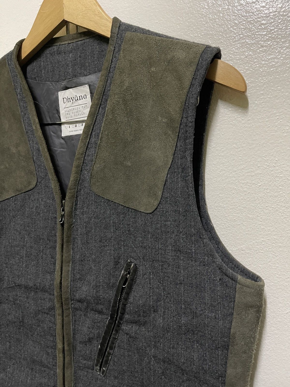 Japanese Brand Dhyana Wool Stripe Leather Switch Quilted Vest Size US XL / EU 56 / 4 - 4 Thumbnail