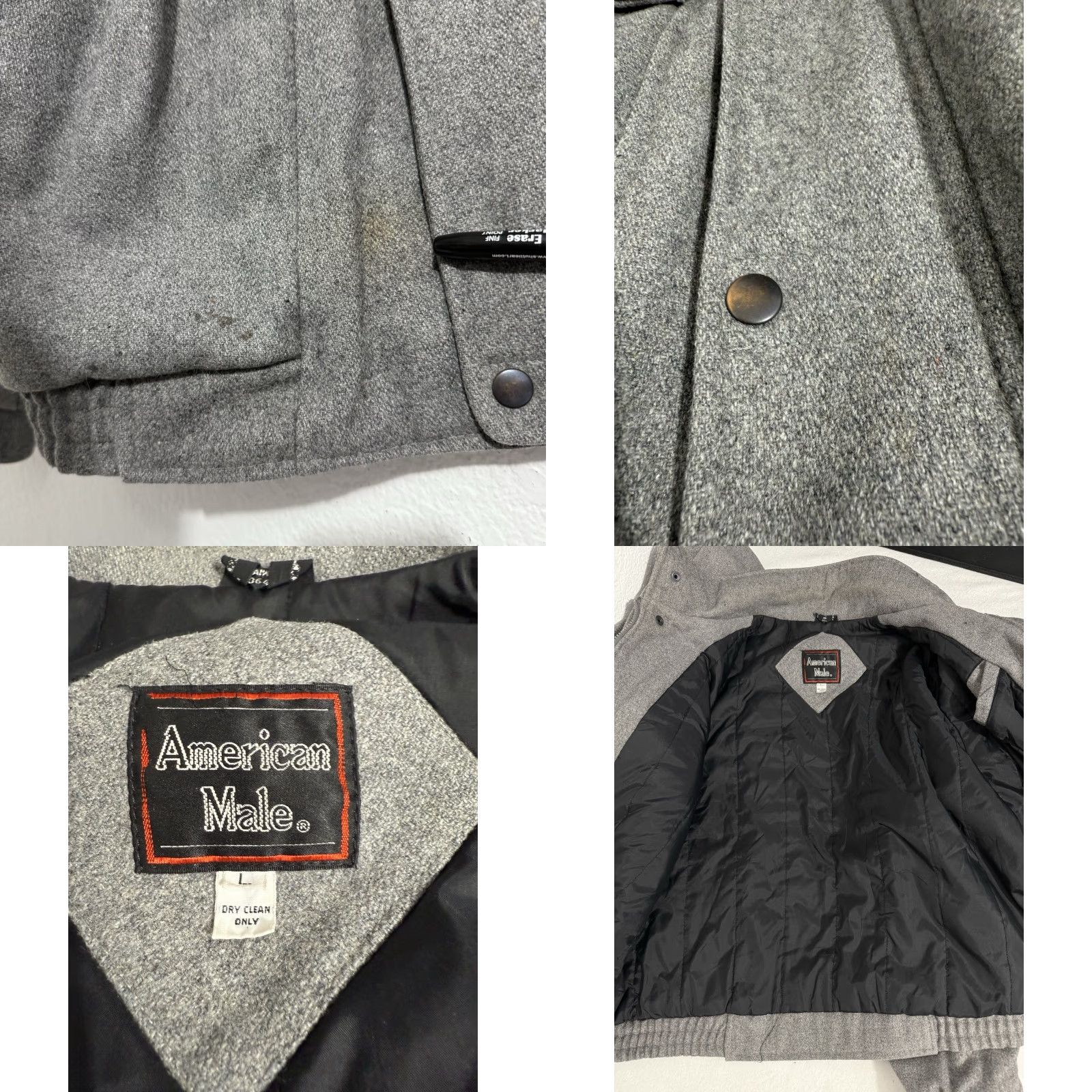 Vintage VTG American Male Jacket Mens L Gray Wool Blend Bomber Jacket, Insulated, Double Breasted, Pockets, 80s Bohemian City USA Theme Size US L / EU 52-54 / 3 - 8 Thumbnail