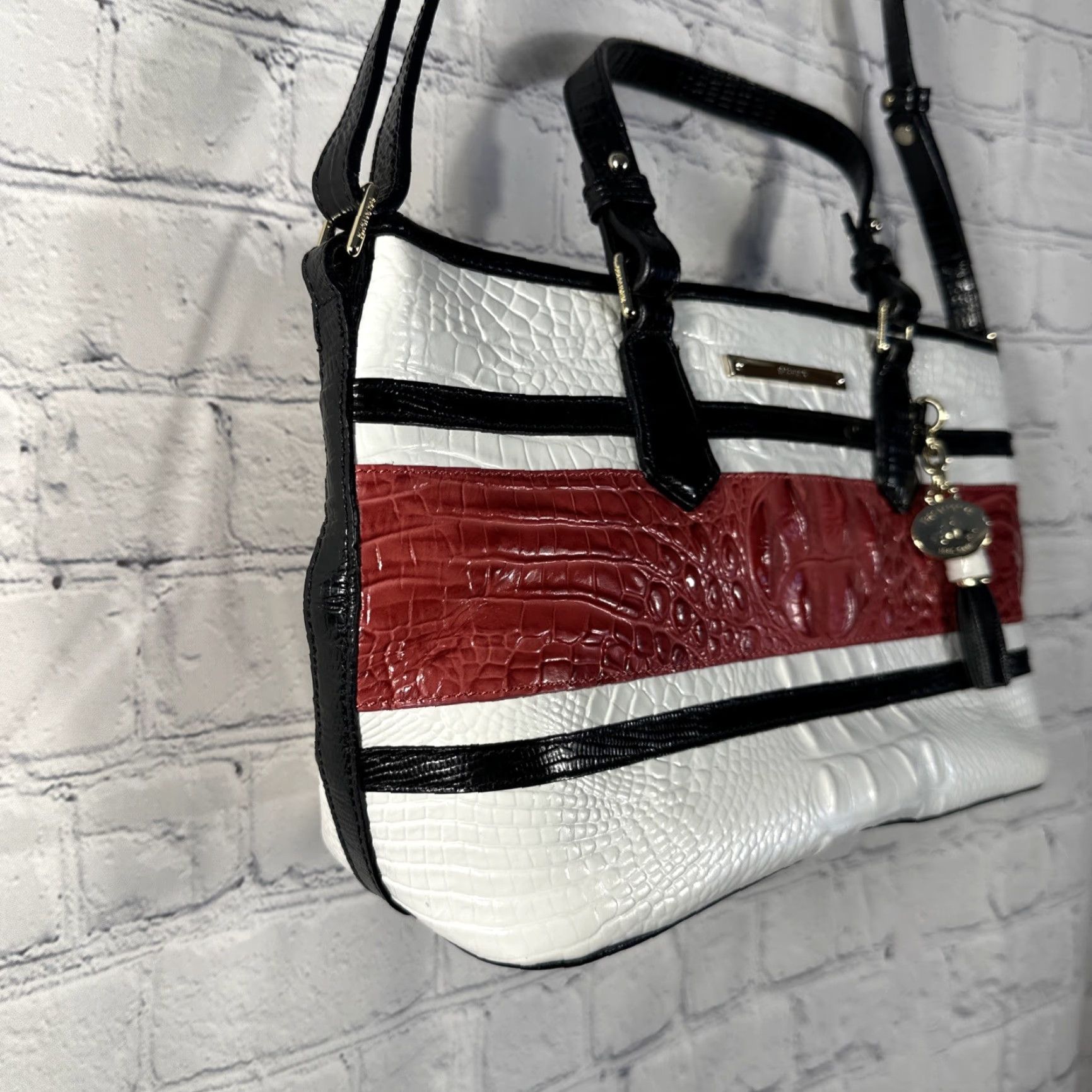 BRAHMIN Brahmin Melbourne Collection Mini Asher Croc Embossed Leather Tote Bag Red Shoulder Bag Women Zip Pockets Tassel 22k Gold Beig e Lining Brown/Beige? Size ONE SIZE - 5 Thumbnail