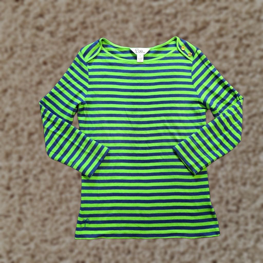 Lilly Pulitzer Lilly Pulitzer Top Women Size S Green Blue Striped Boat Neck Nautical Preppy Shirt Blouse Casual Slim Knit Cotton Size S / US 4 / IT 40 - 1 Thumbnail
