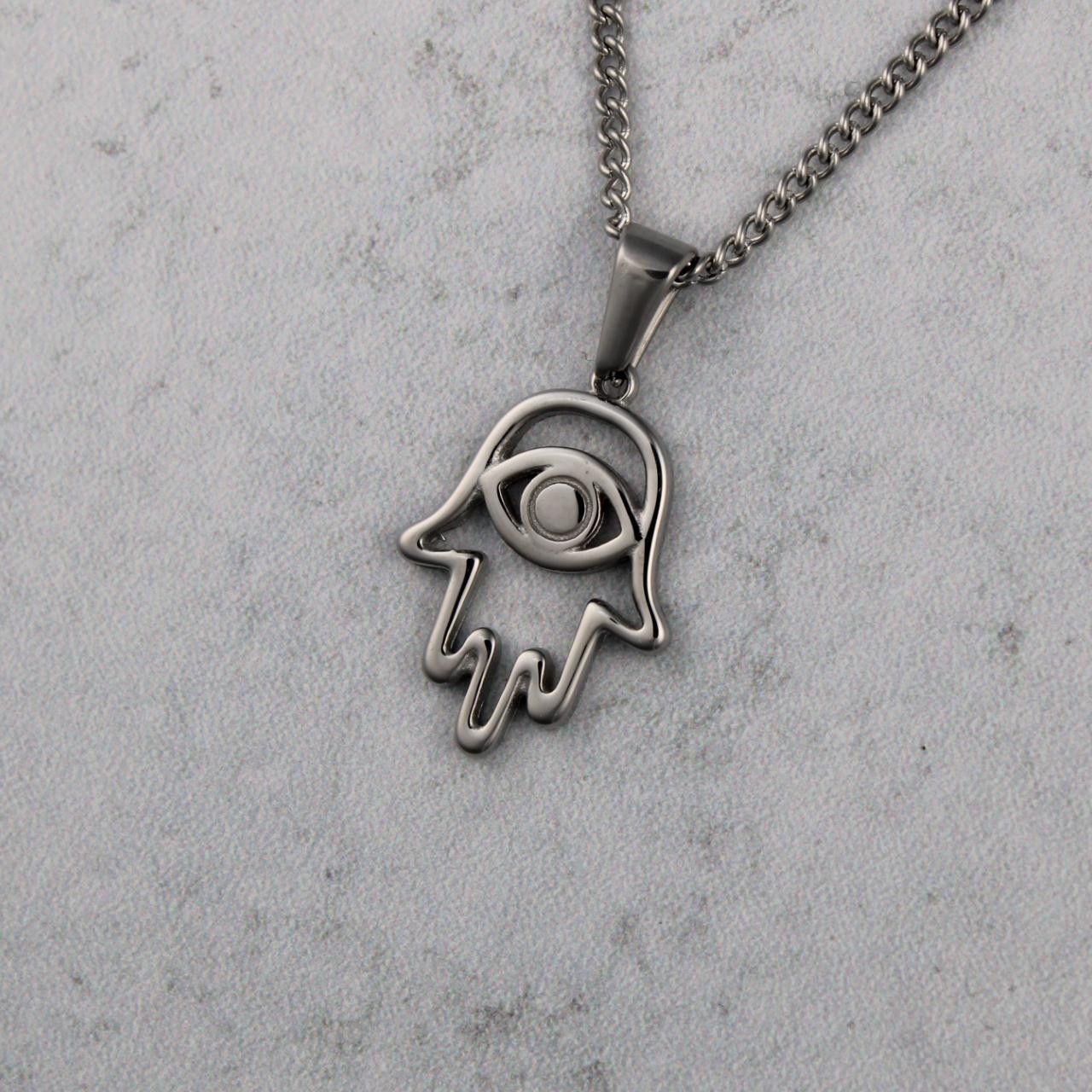 Jewelry Silver Hamsa Evil Eye Pendant Chain Necklace Size ONE SIZE - 1 Thumbnail