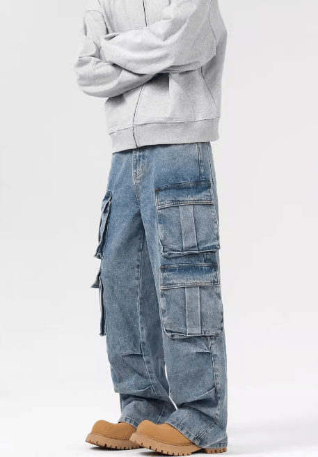 Japanese Brand × Jean Men's washed multi-pocket casual straight-leg cargo jeans Size US 32 / EU 48 - 4 Thumbnail
