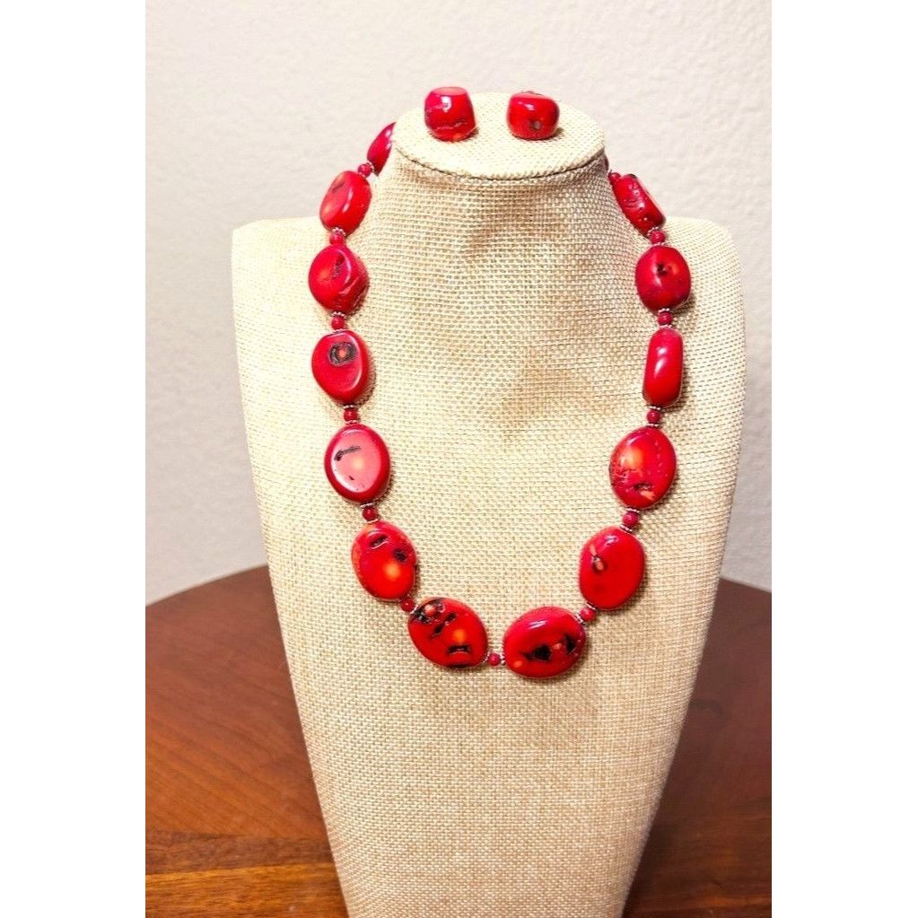 Other Vintage Chunky Red Coral Oval Beaded Necklace/Earring Set Size ONE SIZE - 1 Thumbnail
